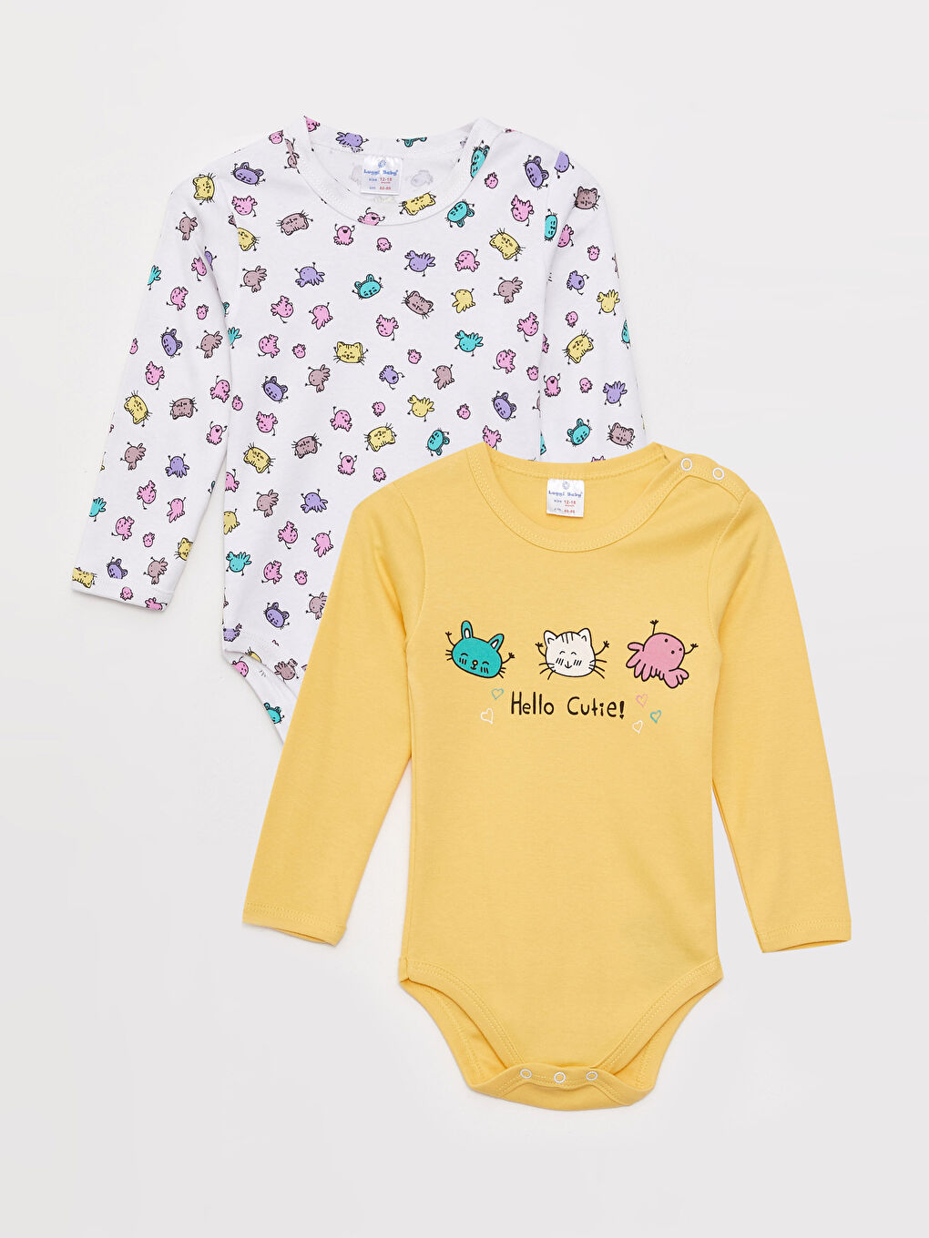 Sarı Bisiklet Yaka Uzun Kollu Baskılı Pamuklu Kız Bebek Çıtçıtlı Body 2'li