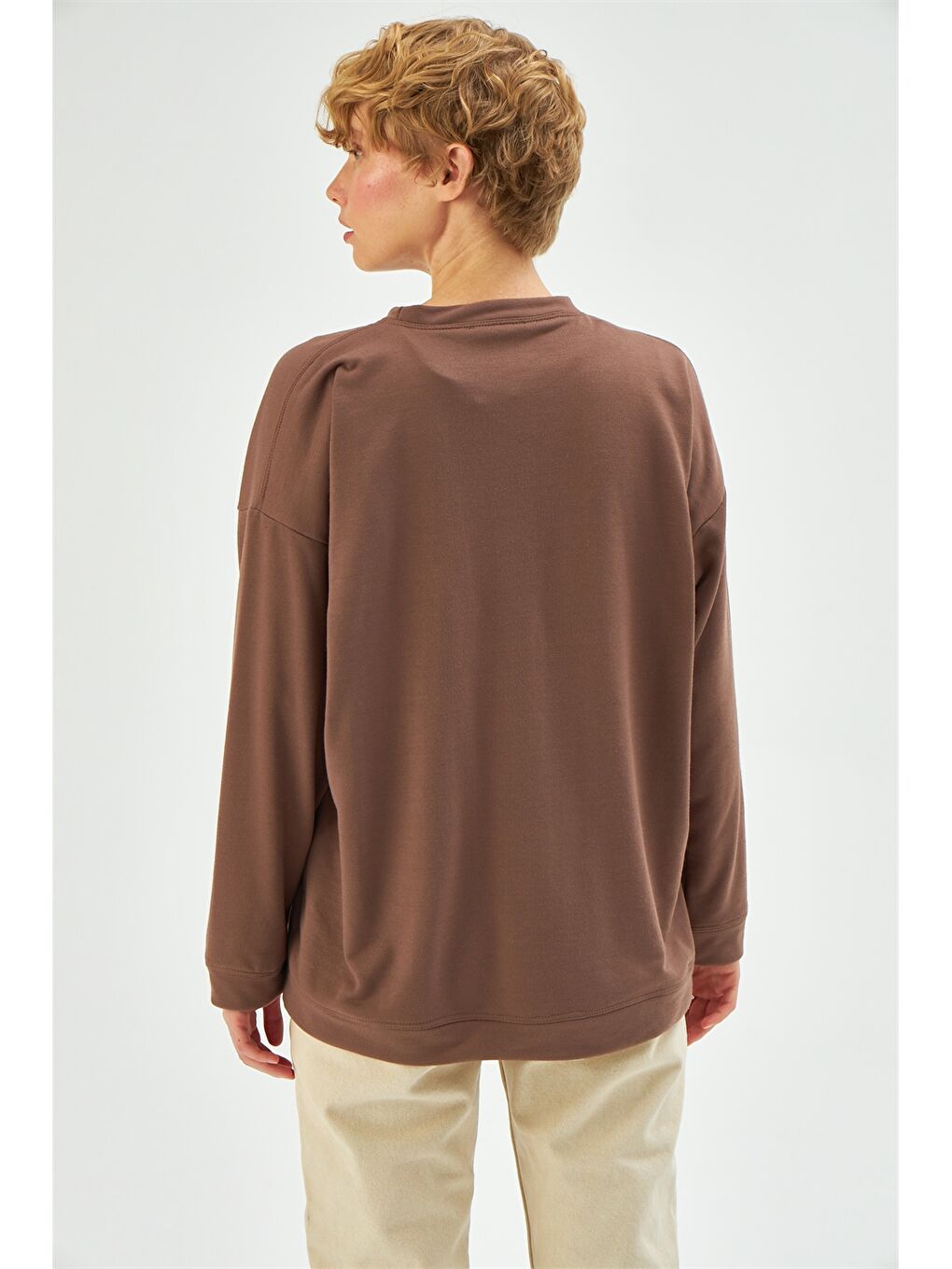 Kahverengi Bisiklet Yaka Düz Uzun Kollu Kadın Sweatshirt-4
