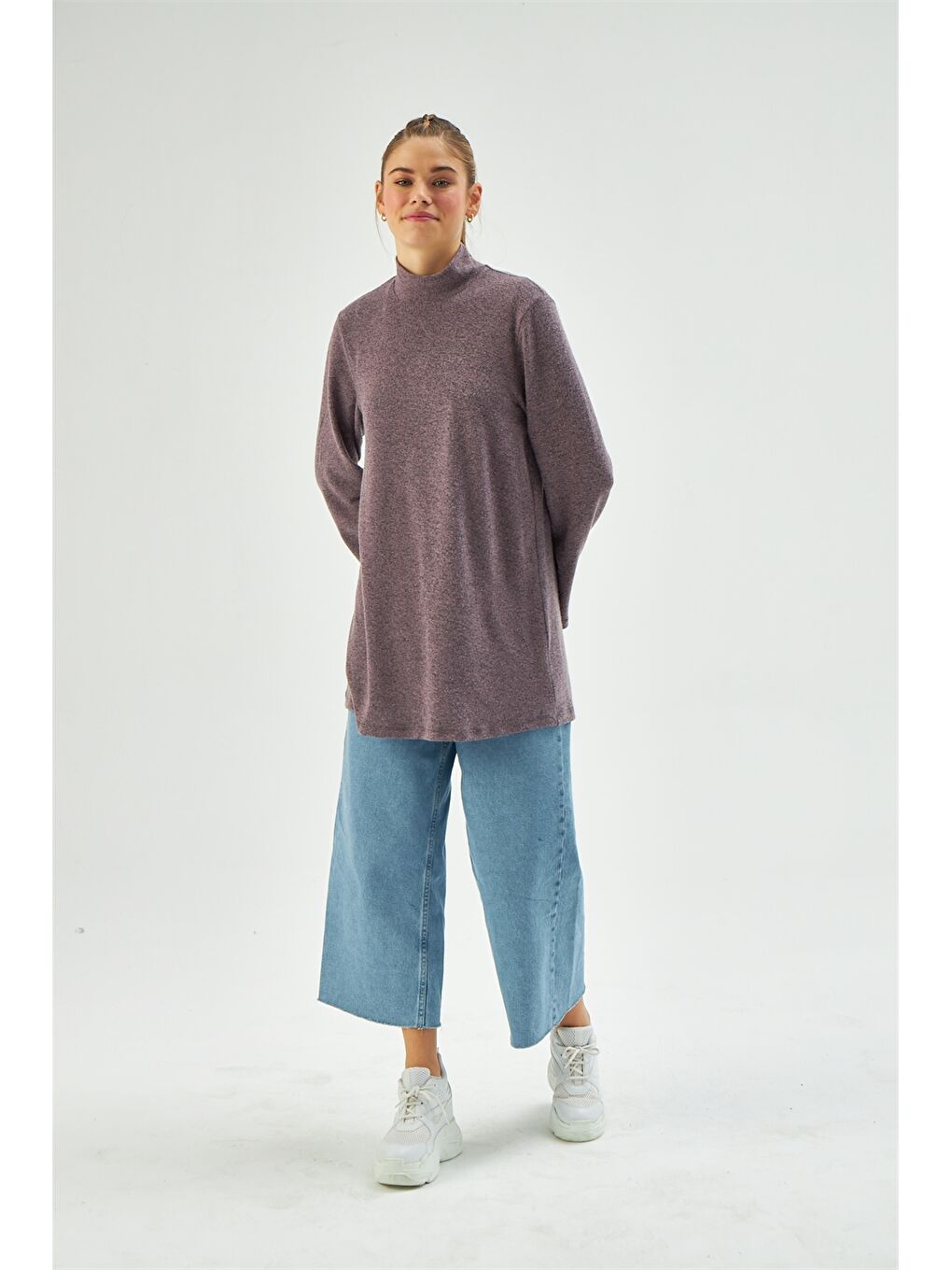 Mor Yarım Balıkçı Düz Uzun Kollu Kadın Tunik