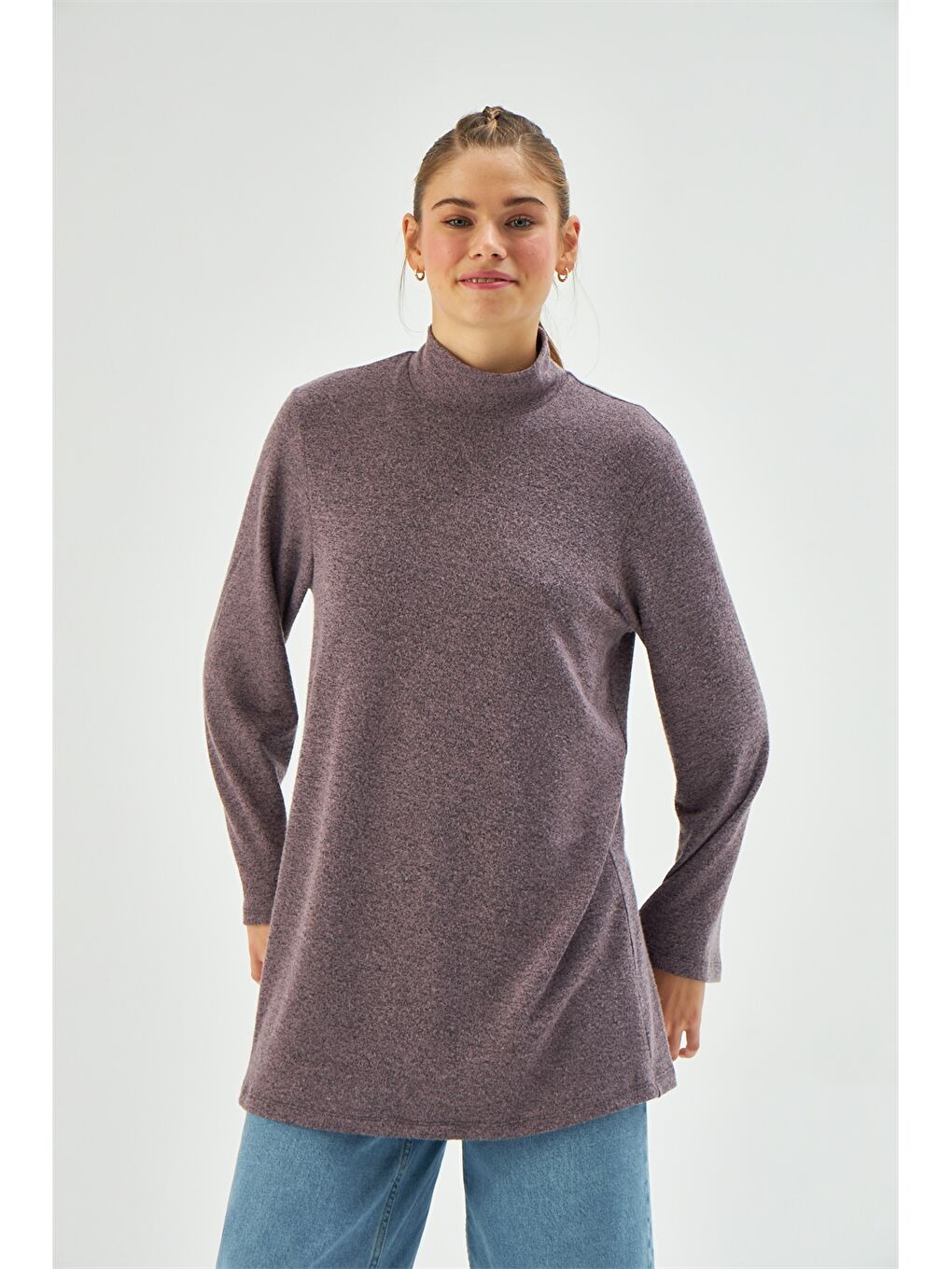 Mor Yarım Balıkçı Düz Uzun Kollu Kadın Tunik-1