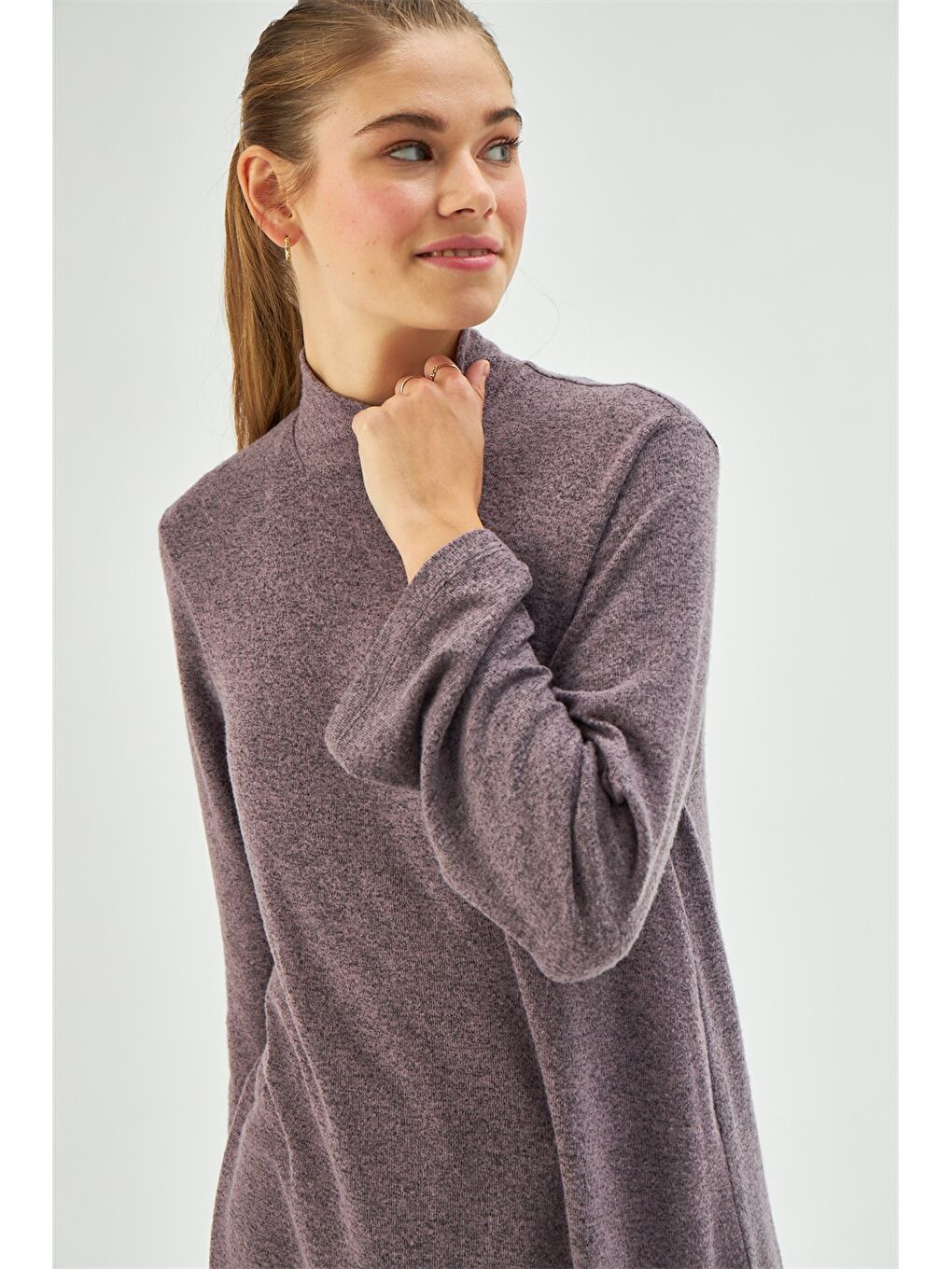 Mor Yarım Balıkçı Düz Uzun Kollu Kadın Tunik-2