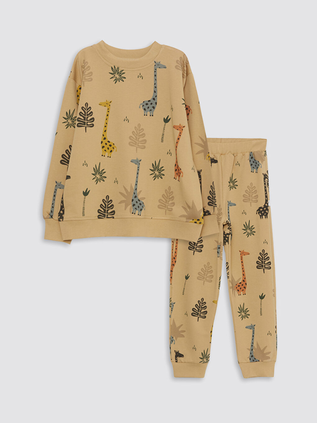 Ekru Bisiklet Yaka Baskılı Uzun Kollu Erkek Çocuk 2'li Takım