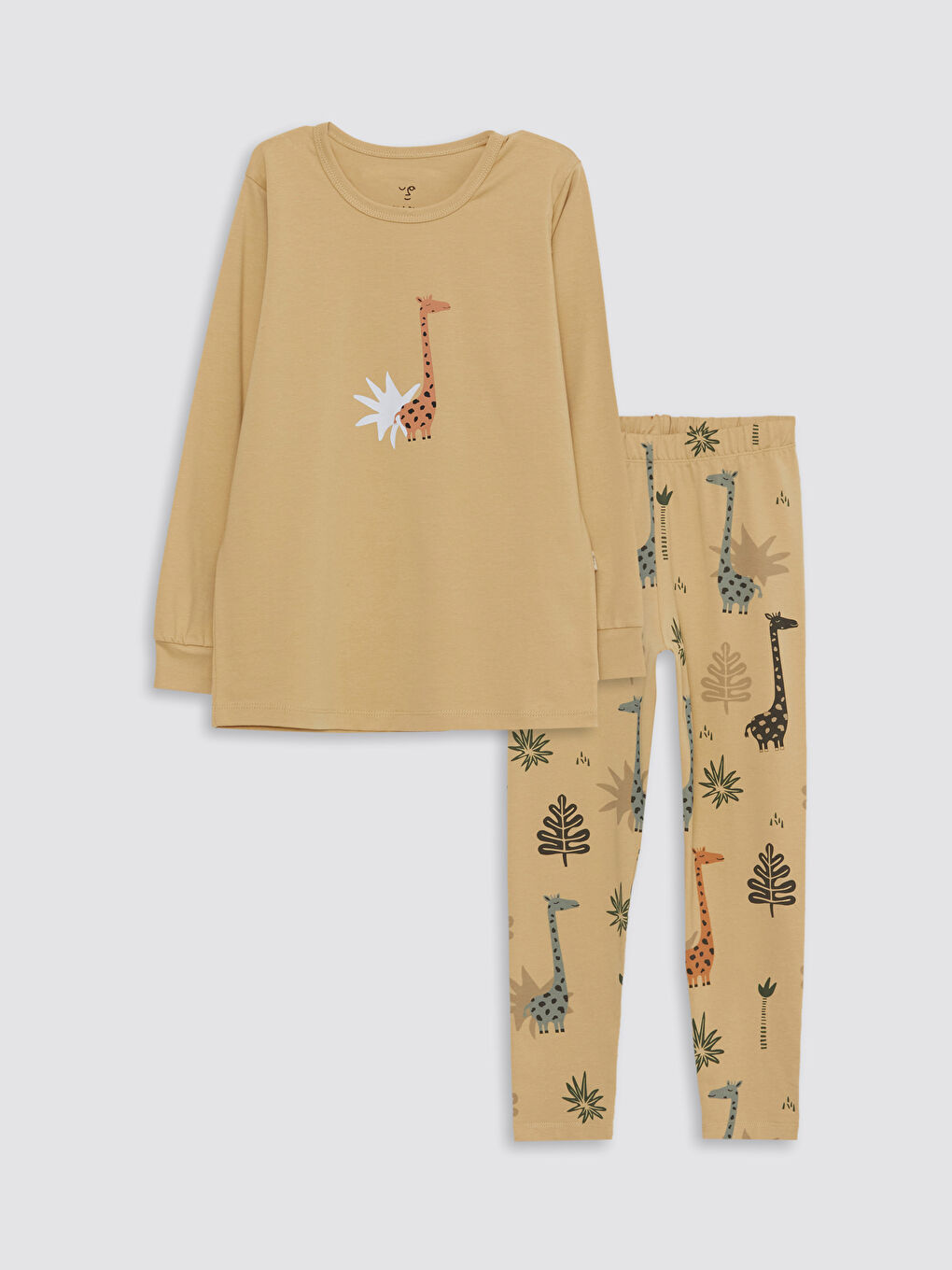 Ekru Bisiklet Yaka Baskılı Uzun Kollu Erkek Çocuk Pijama Takımı