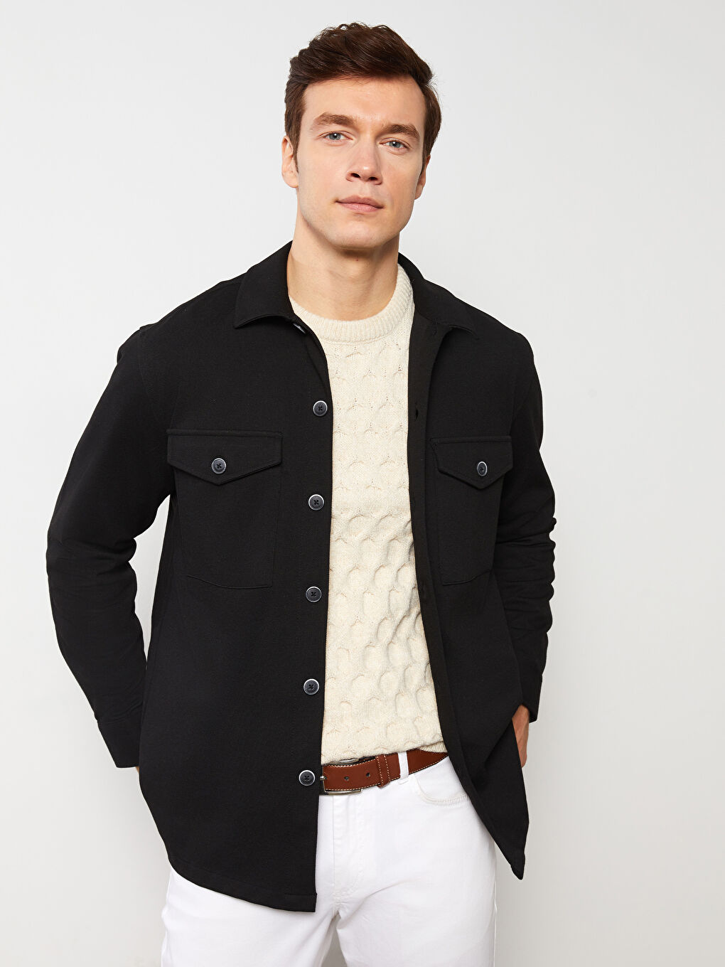 Siyah Rahat Kalıp Uzun Kollu Erkek Gömlek-1