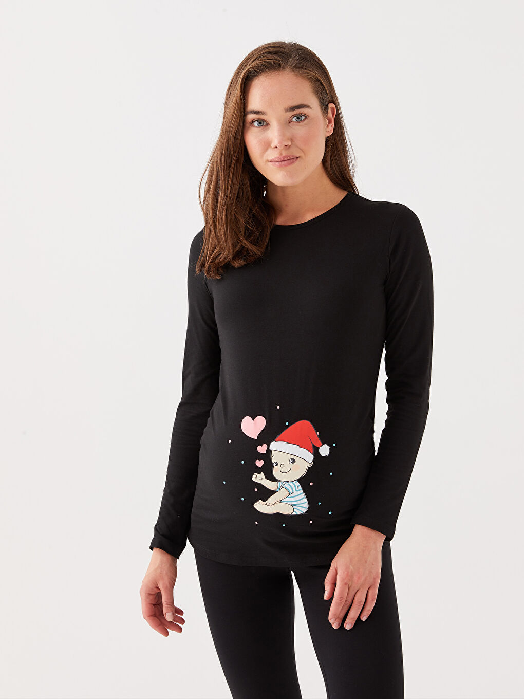 Crew Neck Printed Long Sleeve Maternity T-shirt-1