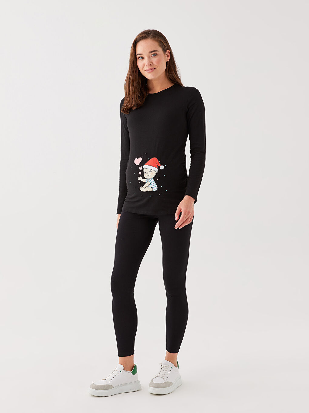 Crew Neck Printed Long Sleeve Maternity T-shirt-2