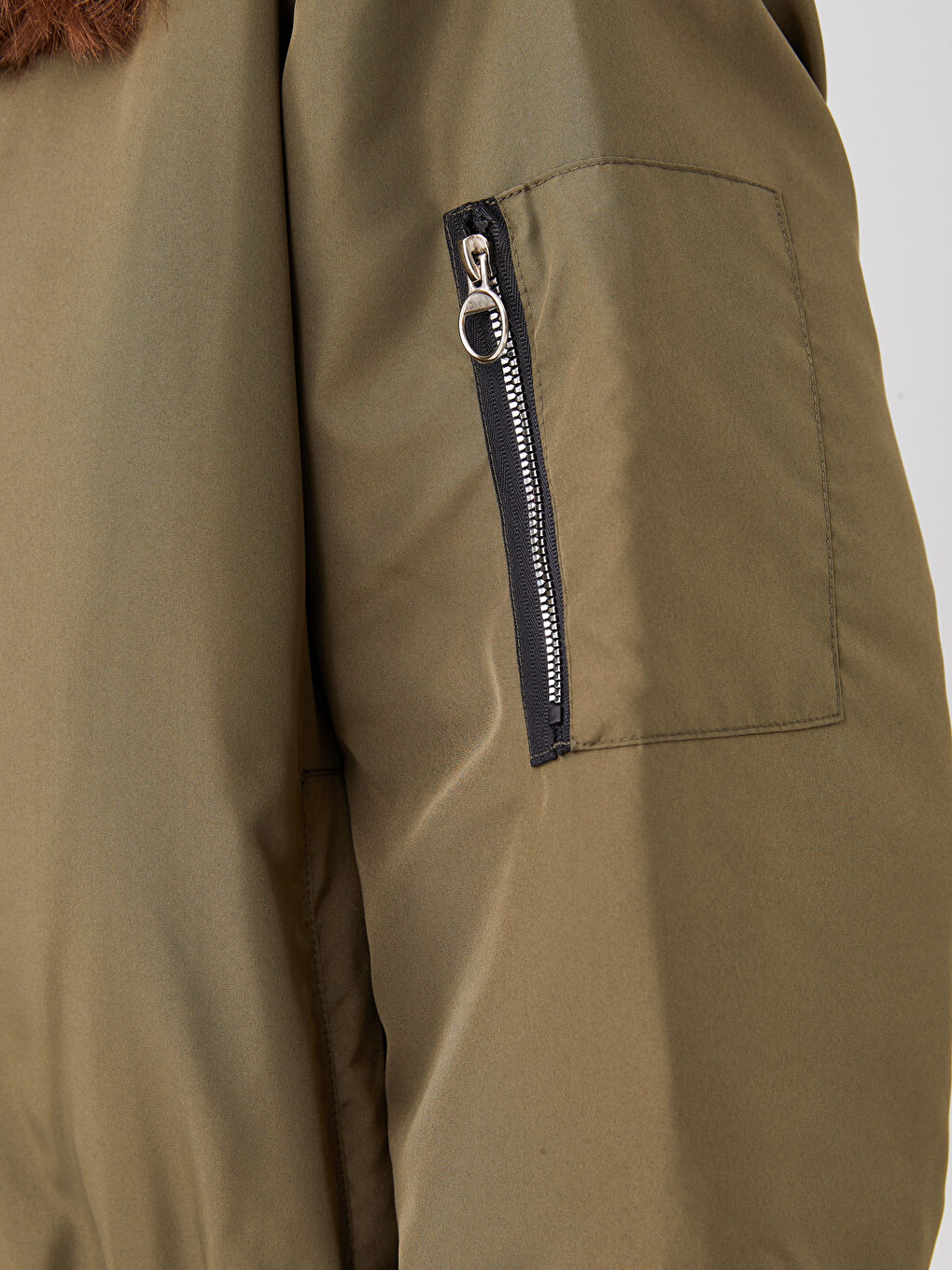 Haki Kolej Yaka Düz Uzun Kollu Kadın Mont-6