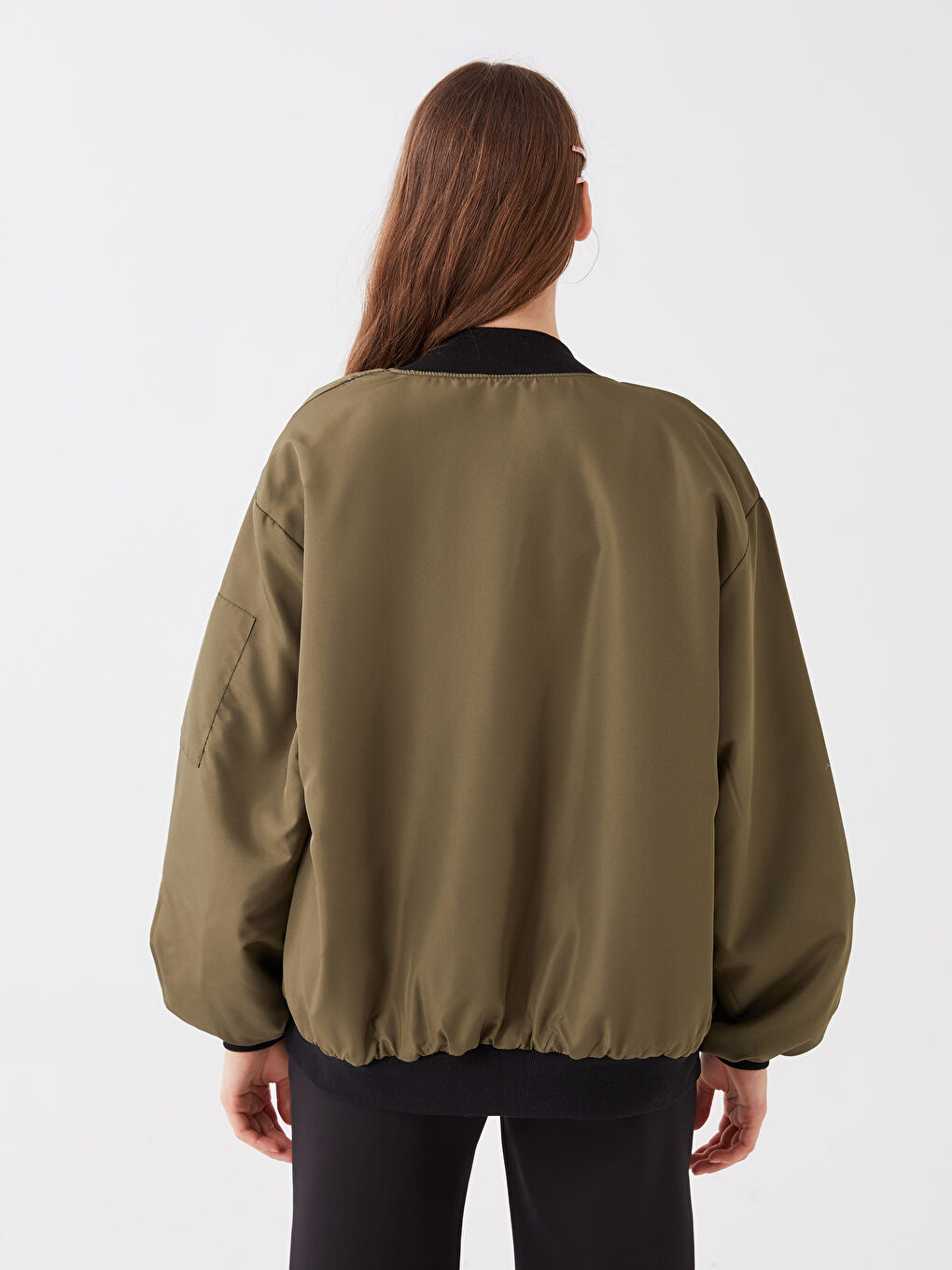 Haki Kolej Yaka Düz Uzun Kollu Kadın Mont-8