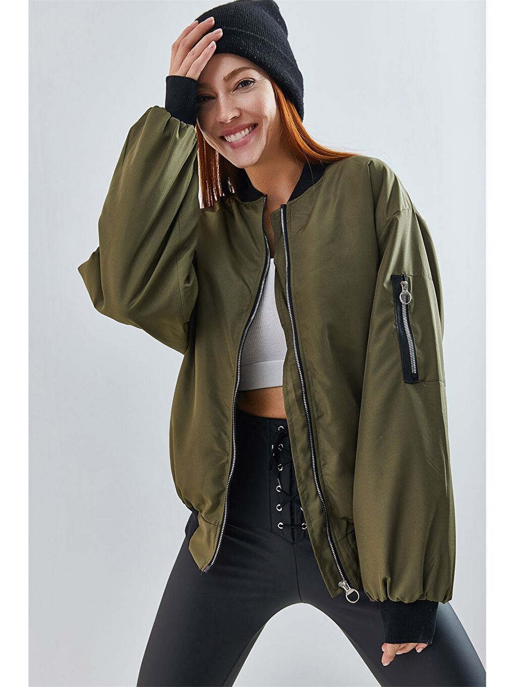 Haki Kolej Yaka Düz Uzun Kollu Kadın Mont-1