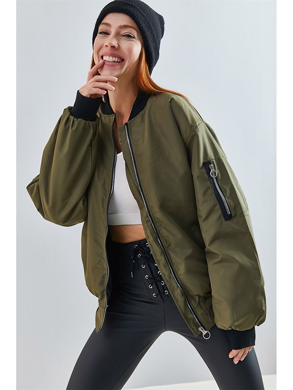 Haki Kolej Yaka Düz Uzun Kollu Kadın Mont-5