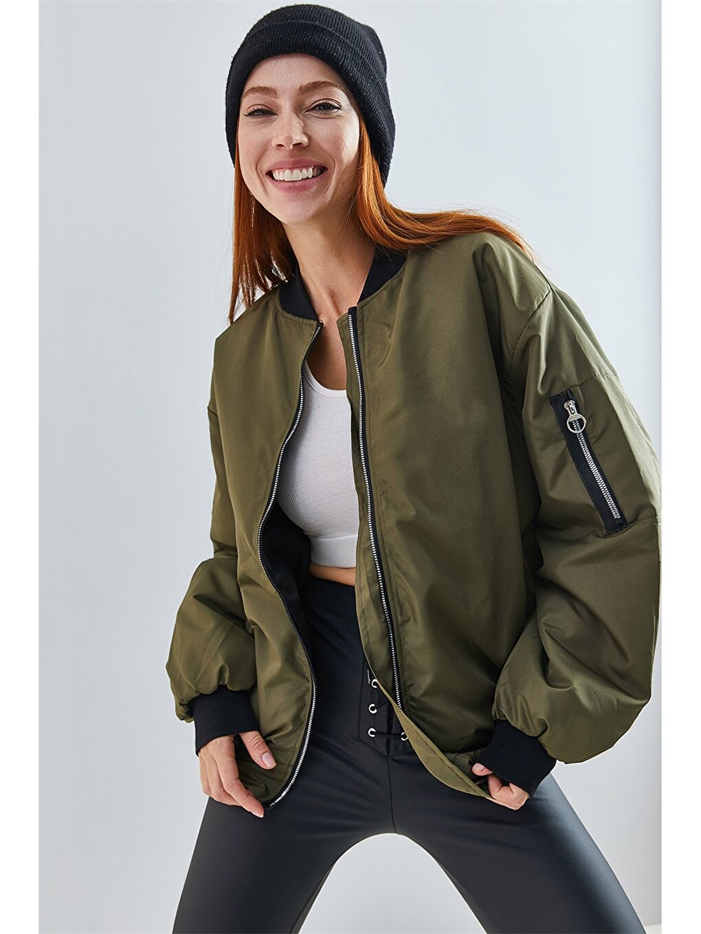 Haki Kolej Yaka Düz Uzun Kollu Kadın Mont-7