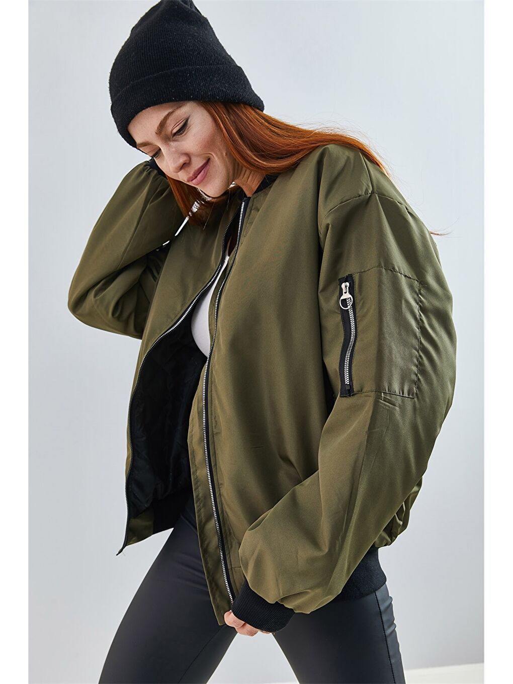 Haki Kolej Yaka Düz Uzun Kollu Kadın Mont-9