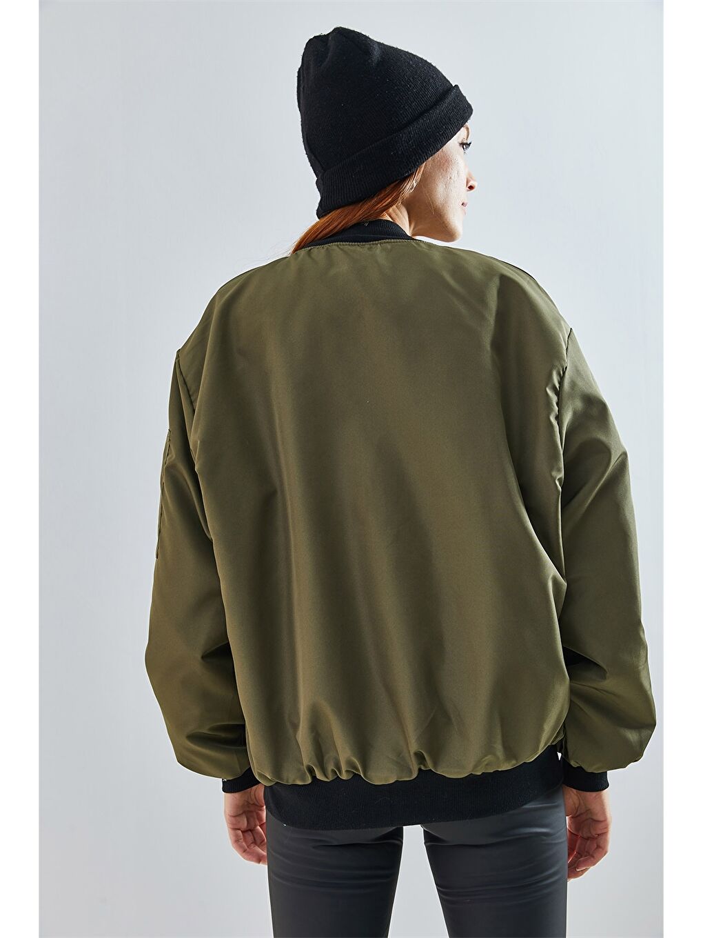 Haki Kolej Yaka Düz Uzun Kollu Kadın Mont-10