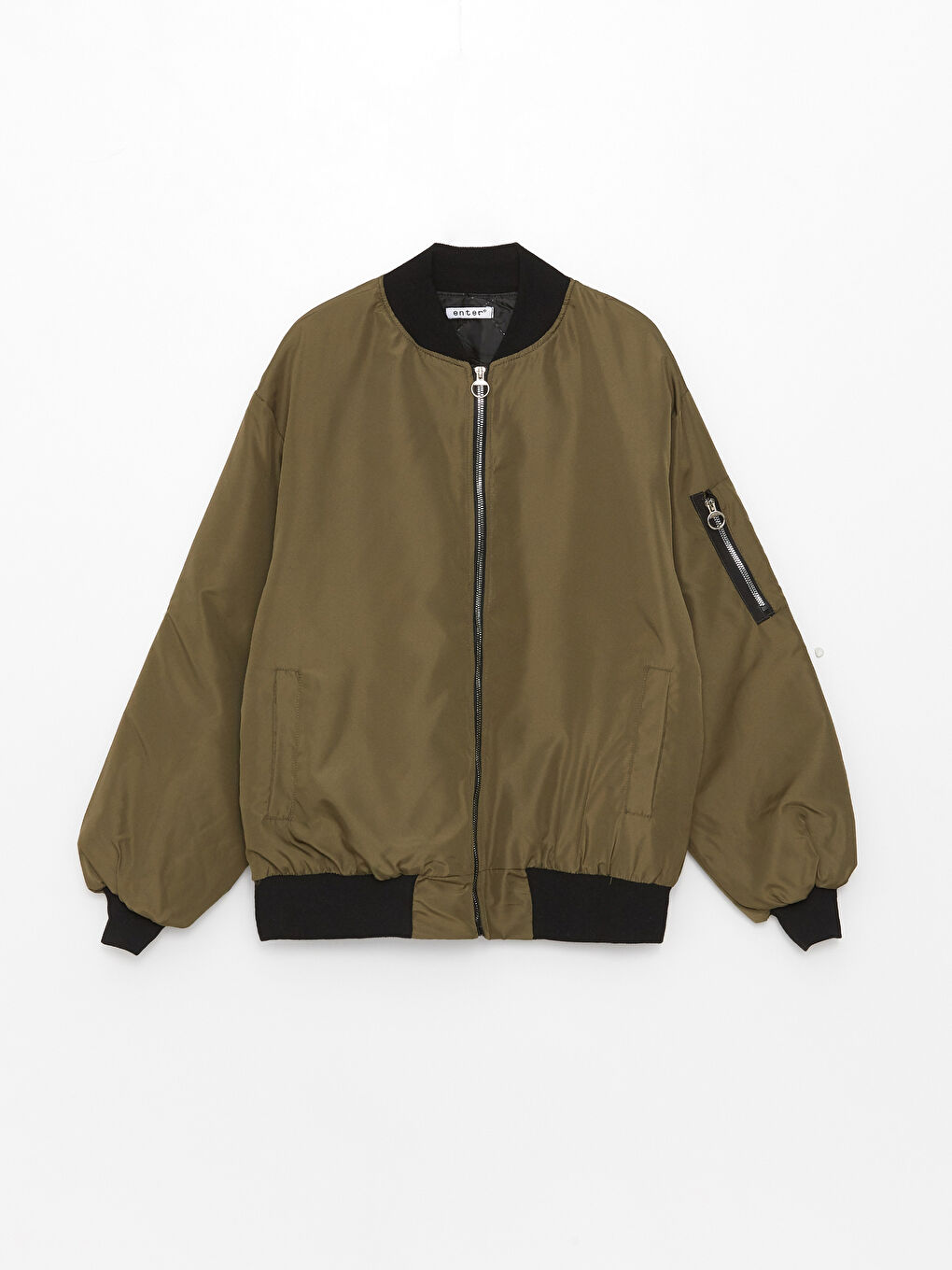 Haki Kolej Yaka Düz Uzun Kollu Kadın Mont-12