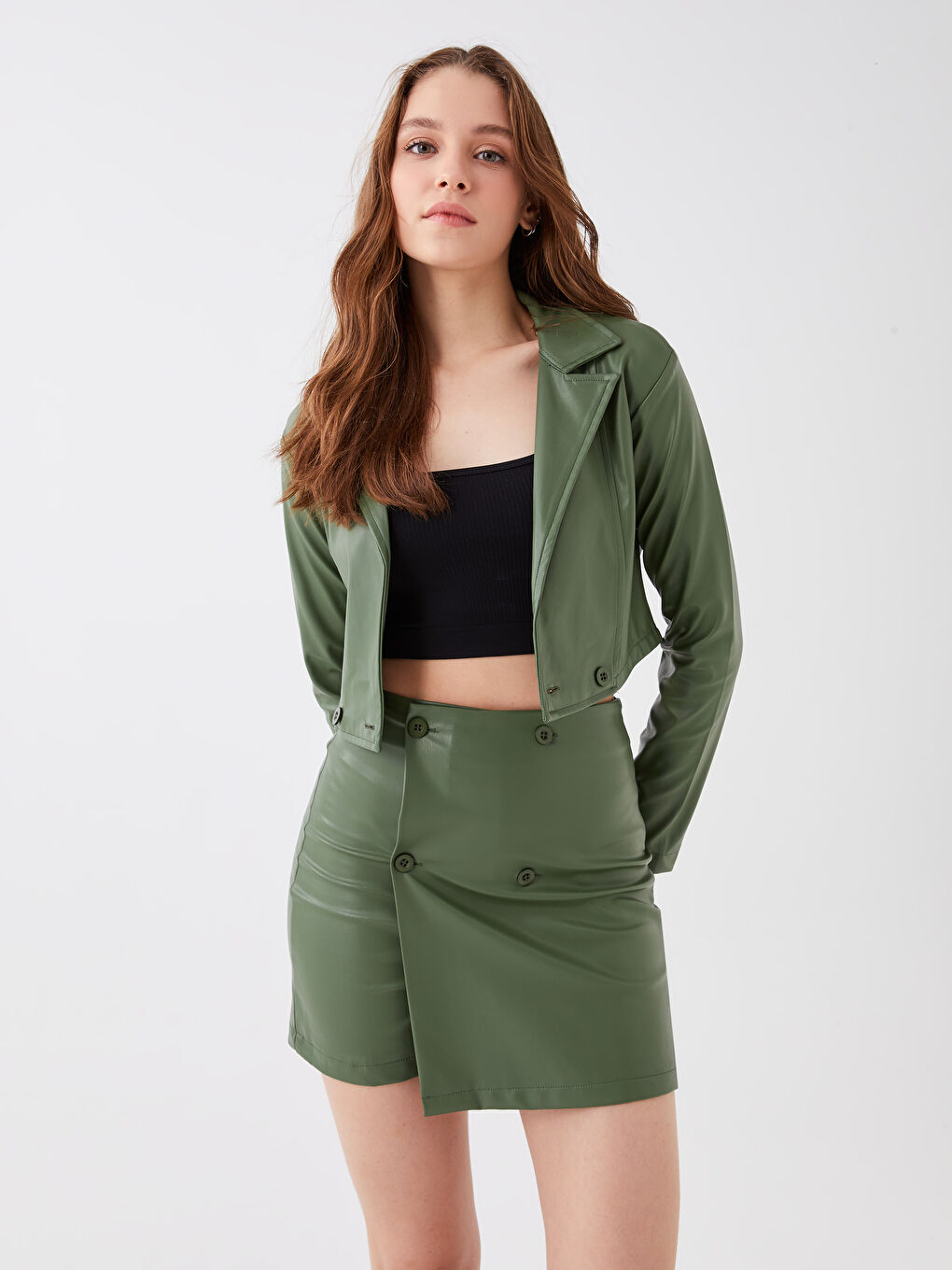 Yeşil Düz Uzun Kollu Crop Kadın Ceket