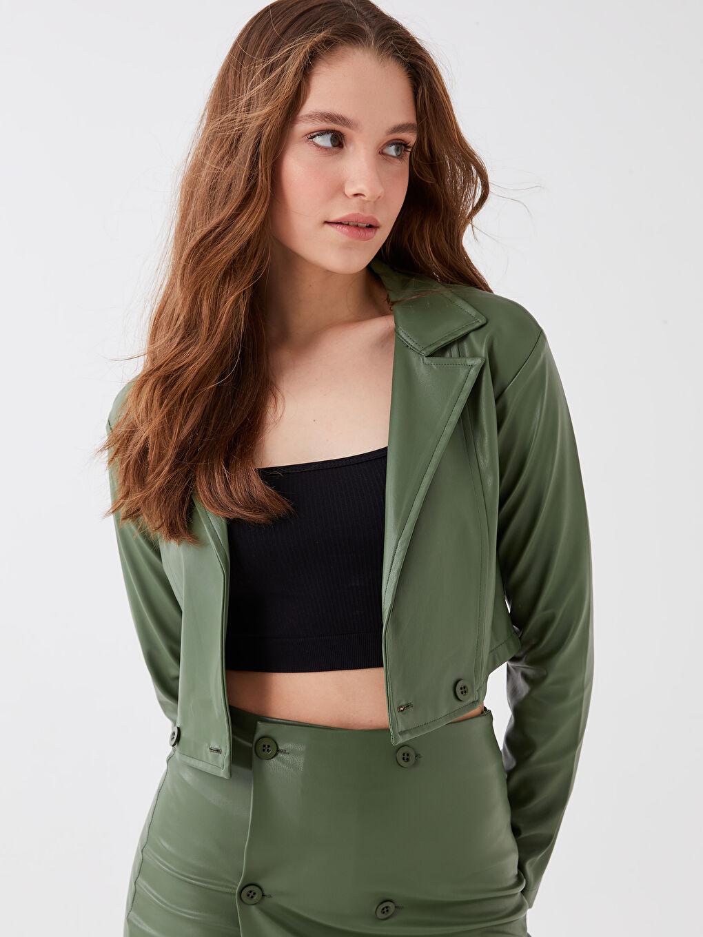Yeşil Düz Uzun Kollu Crop Kadın Ceket-2