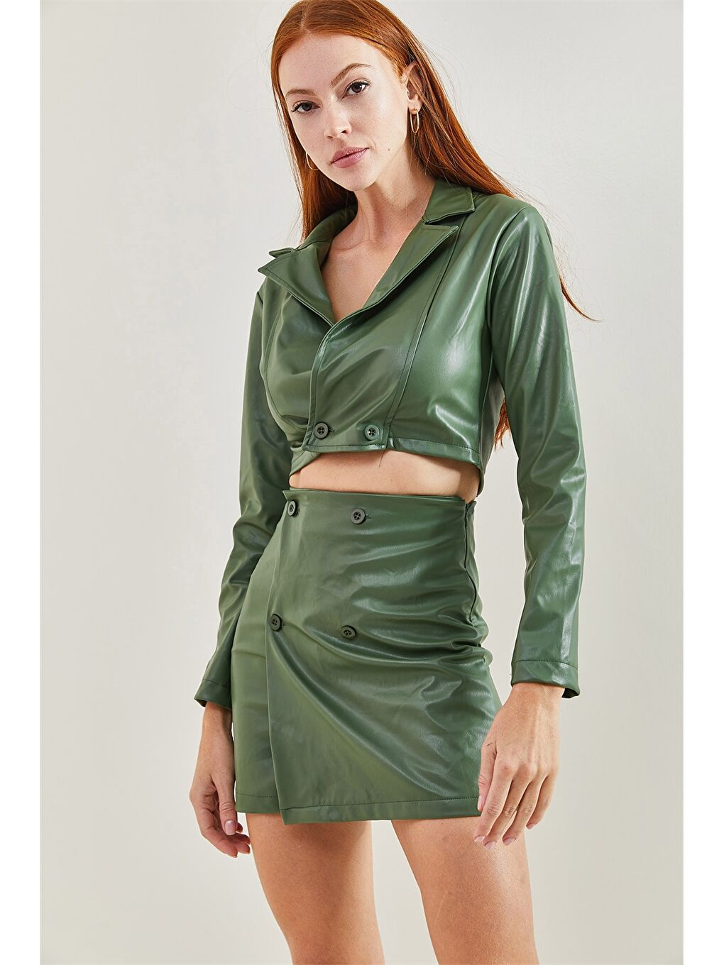 Yeşil Düz Uzun Kollu Crop Kadın Ceket-1