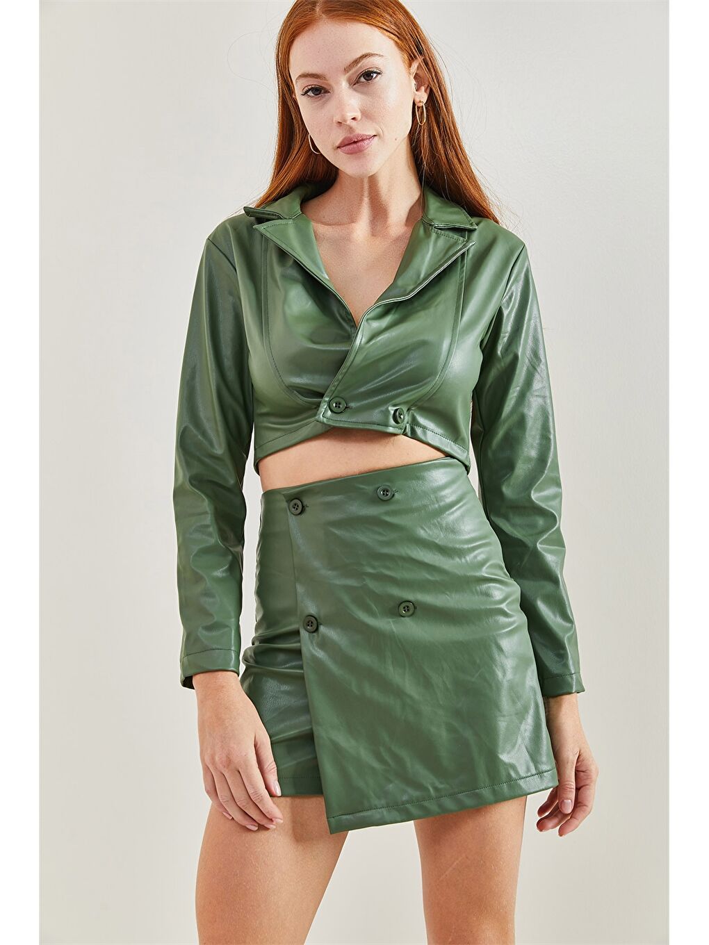 Yeşil Düz Uzun Kollu Crop Kadın Ceket-3