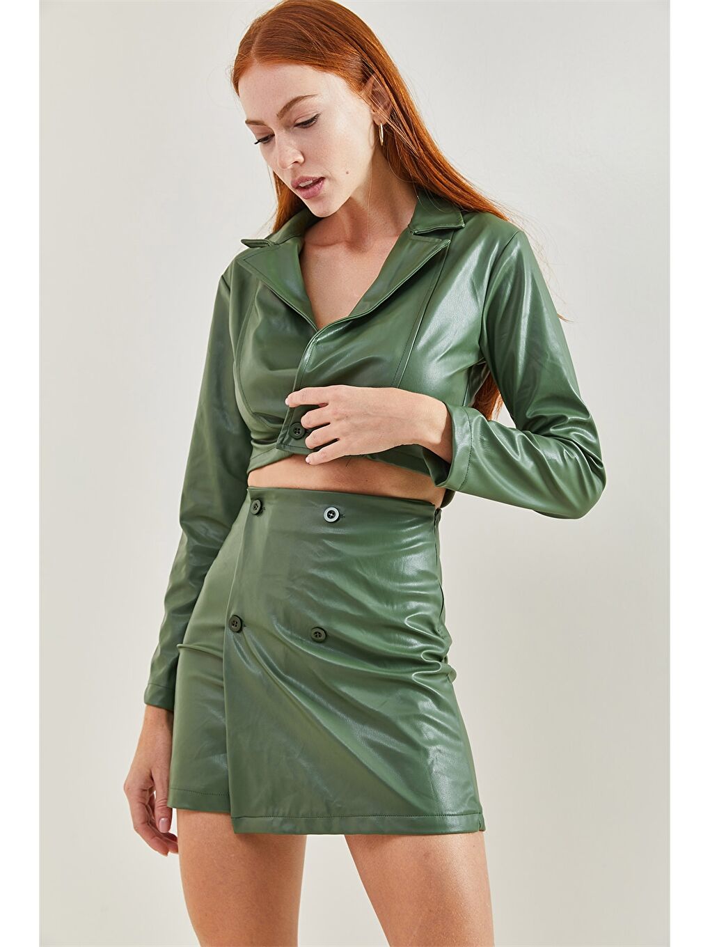 Yeşil Düz Uzun Kollu Crop Kadın Ceket-5