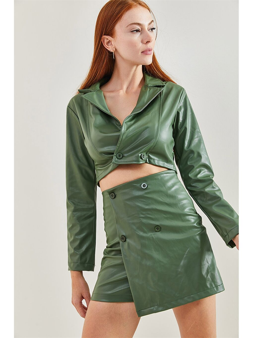 Yeşil Düz Uzun Kollu Crop Kadın Ceket-8