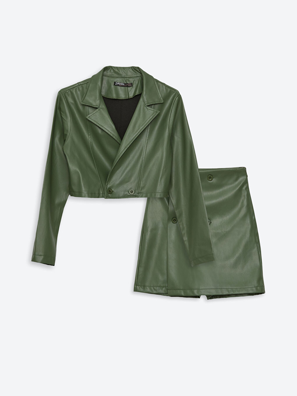 Yeşil Düz Uzun Kollu Crop Kadın Ceket-10