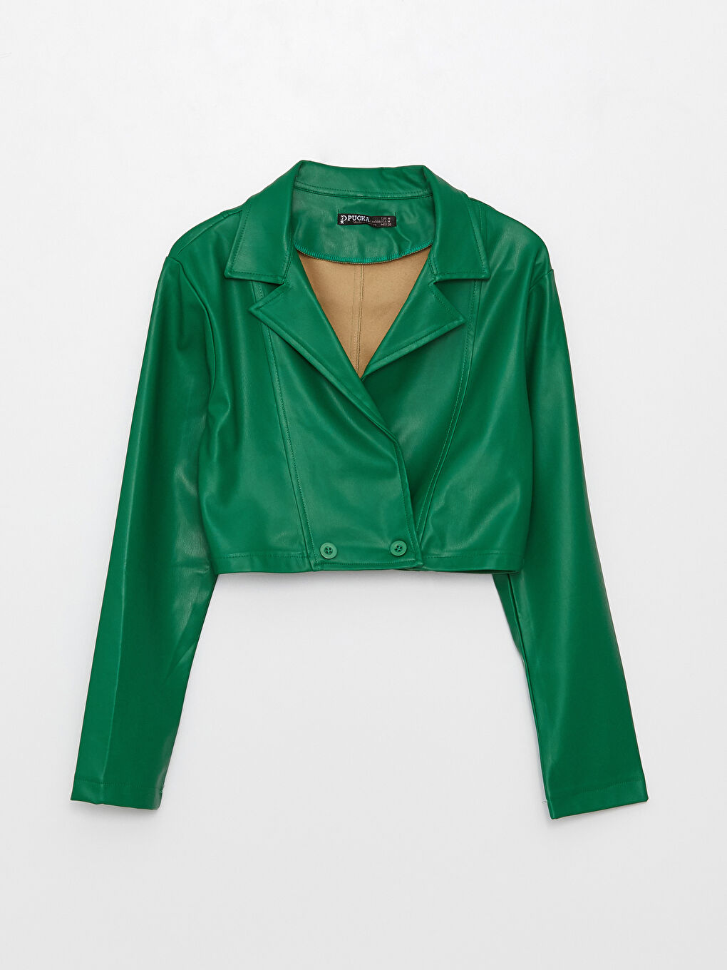 Yeşil Düz Uzun Kollu Crop Kadın Ceket-7