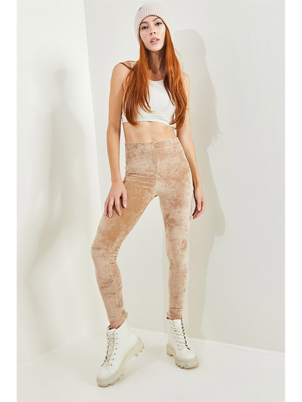 Bej Beli Lastikli Düz Kadife Kadın Tayt-2