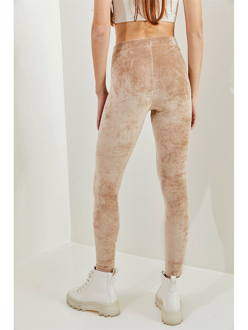 Bej Beli Lastikli Düz Kadife Kadın Tayt-3