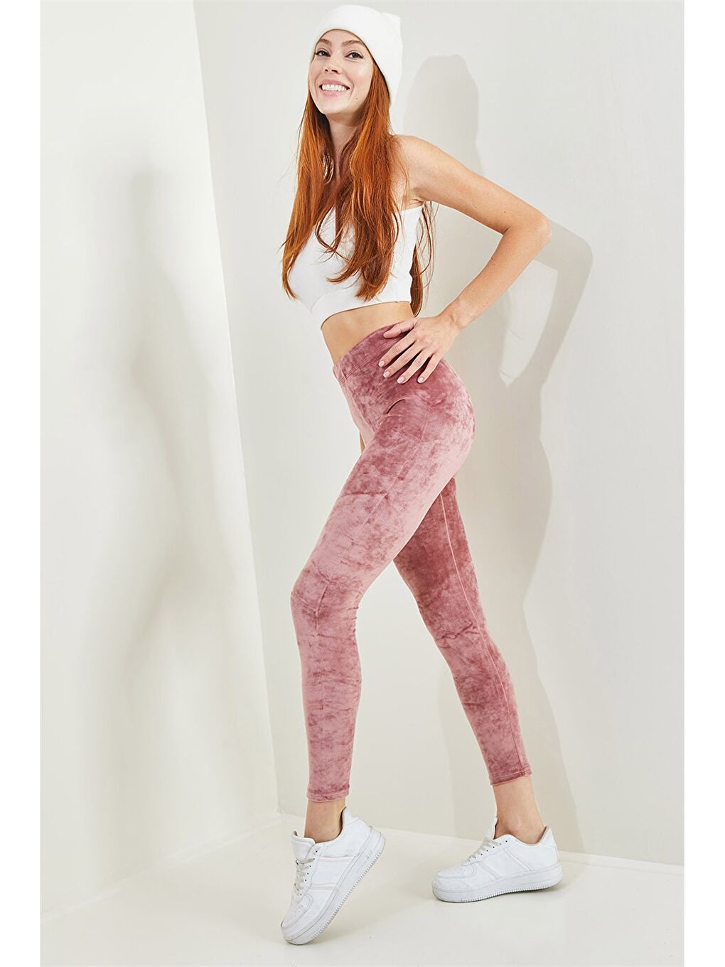 Pembe Beli Lastikli Düz Kadife Kadın Tayt