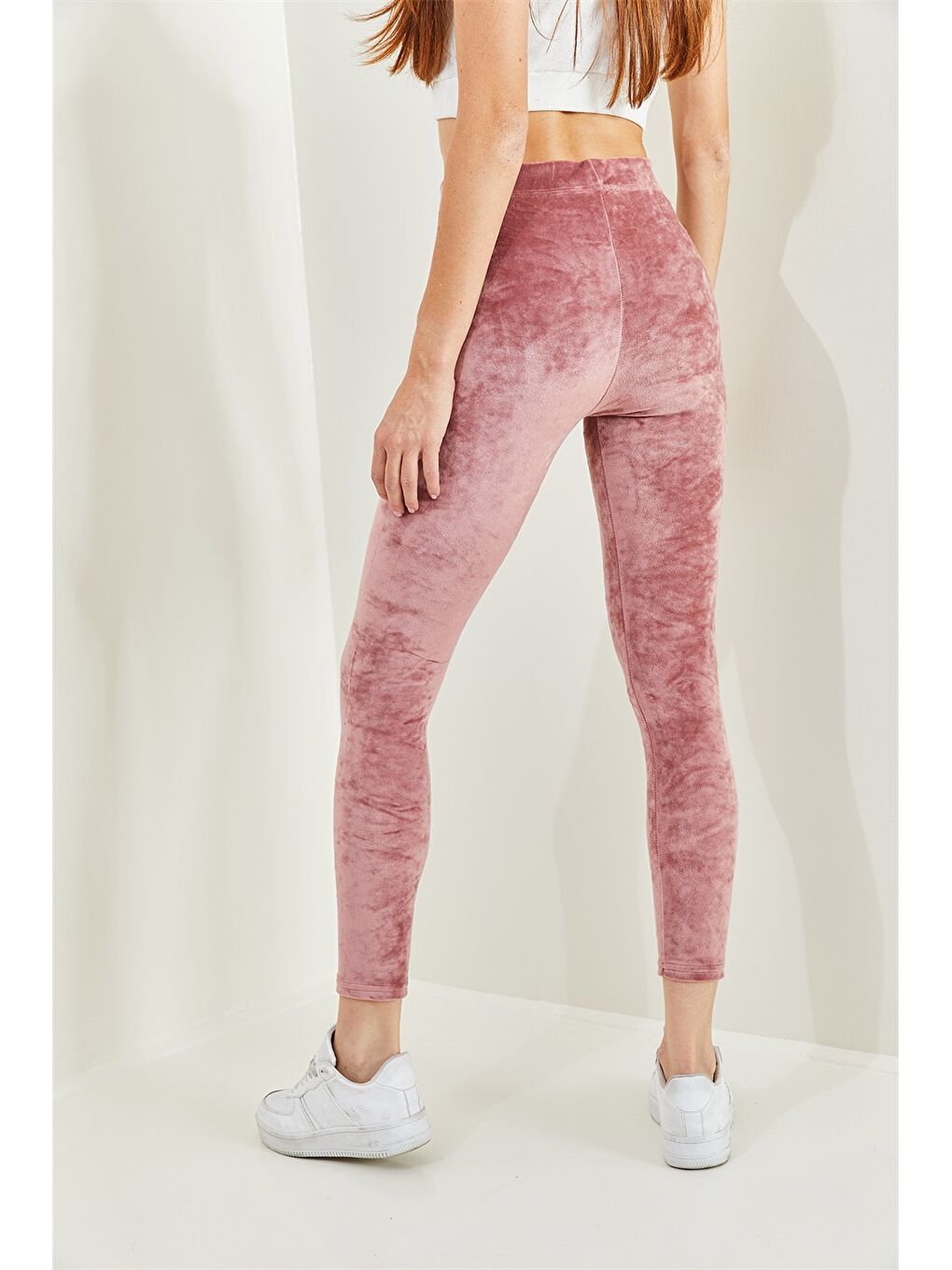 Pembe Beli Lastikli Düz Kadife Kadın Tayt-1