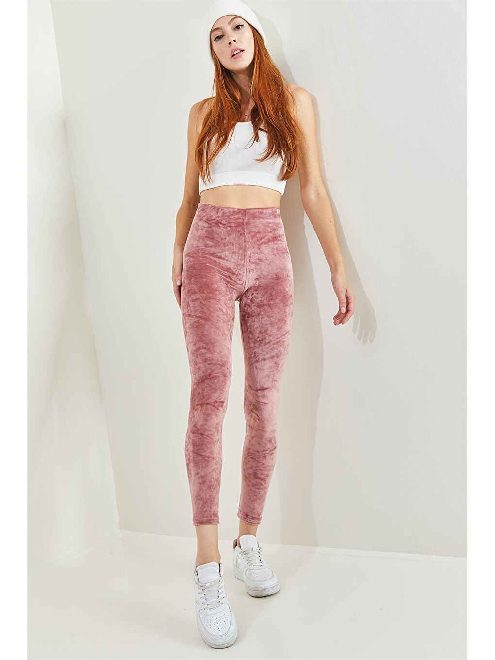 Pembe Beli Lastikli Düz Kadife Kadın Tayt-2