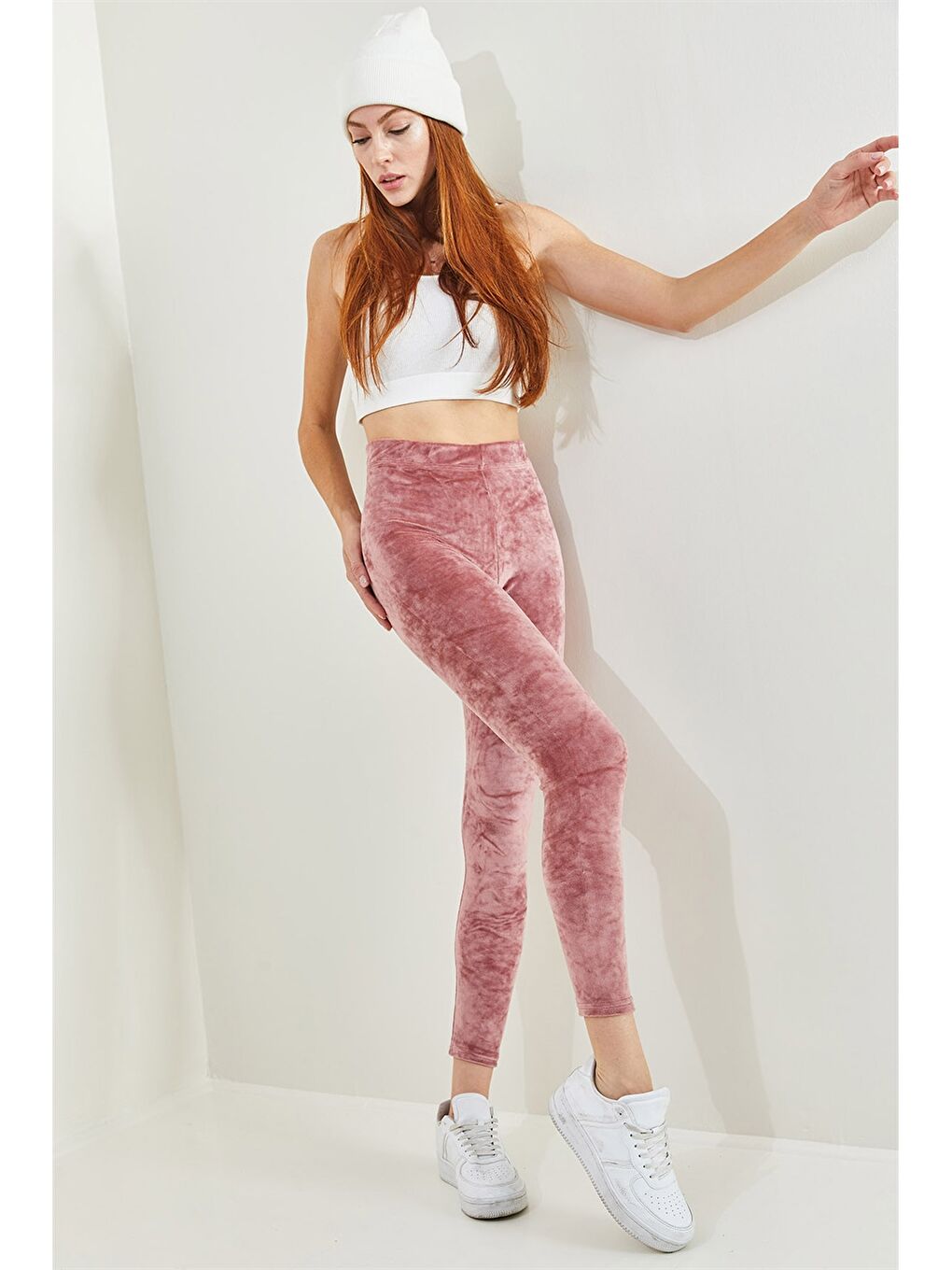 Pembe Beli Lastikli Düz Kadife Kadın Tayt-3