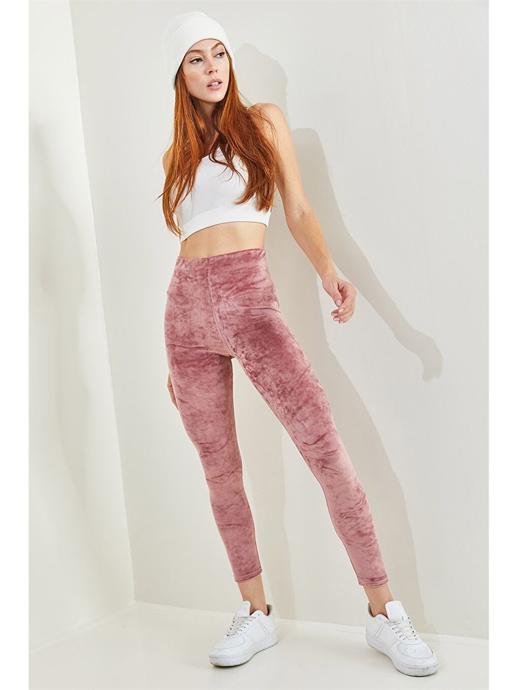 Pembe Beli Lastikli Düz Kadife Kadın Tayt-4