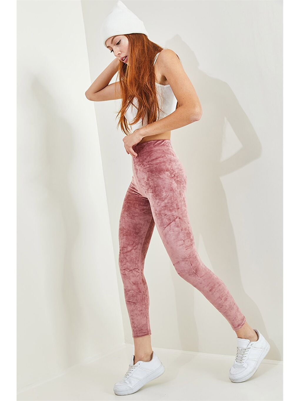 Pembe Beli Lastikli Düz Kadife Kadın Tayt-5