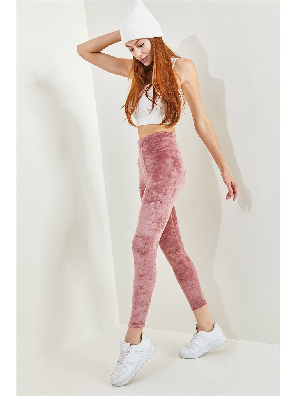 Pembe Beli Lastikli Düz Kadife Kadın Tayt-6