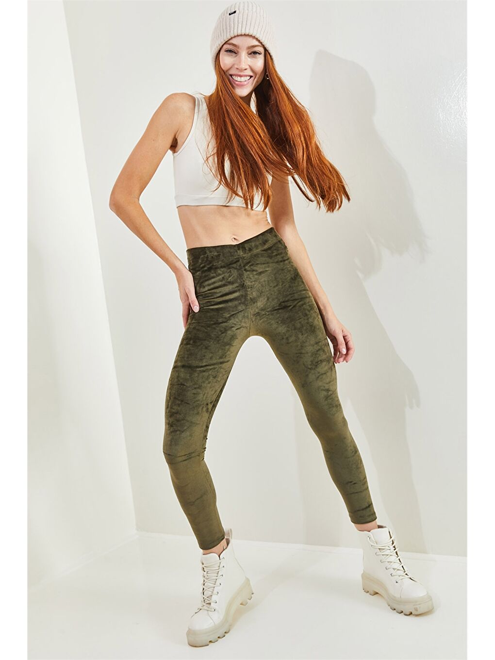 Haki Beli Lastikli Düz Kadife Kadın Tayt-1