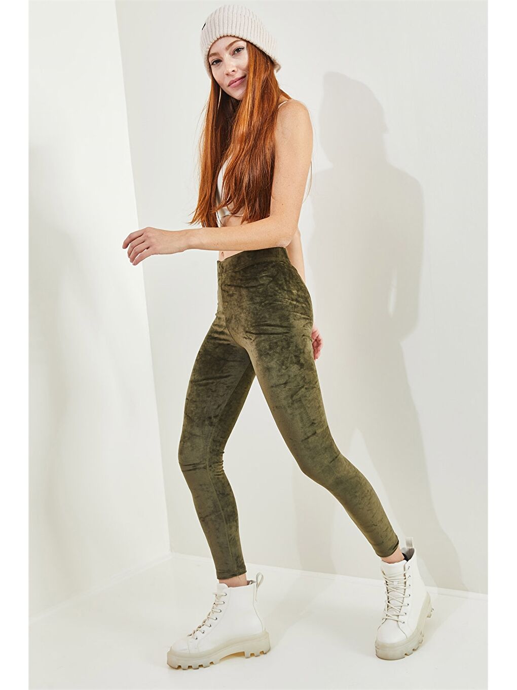 Haki Beli Lastikli Düz Kadife Kadın Tayt-2