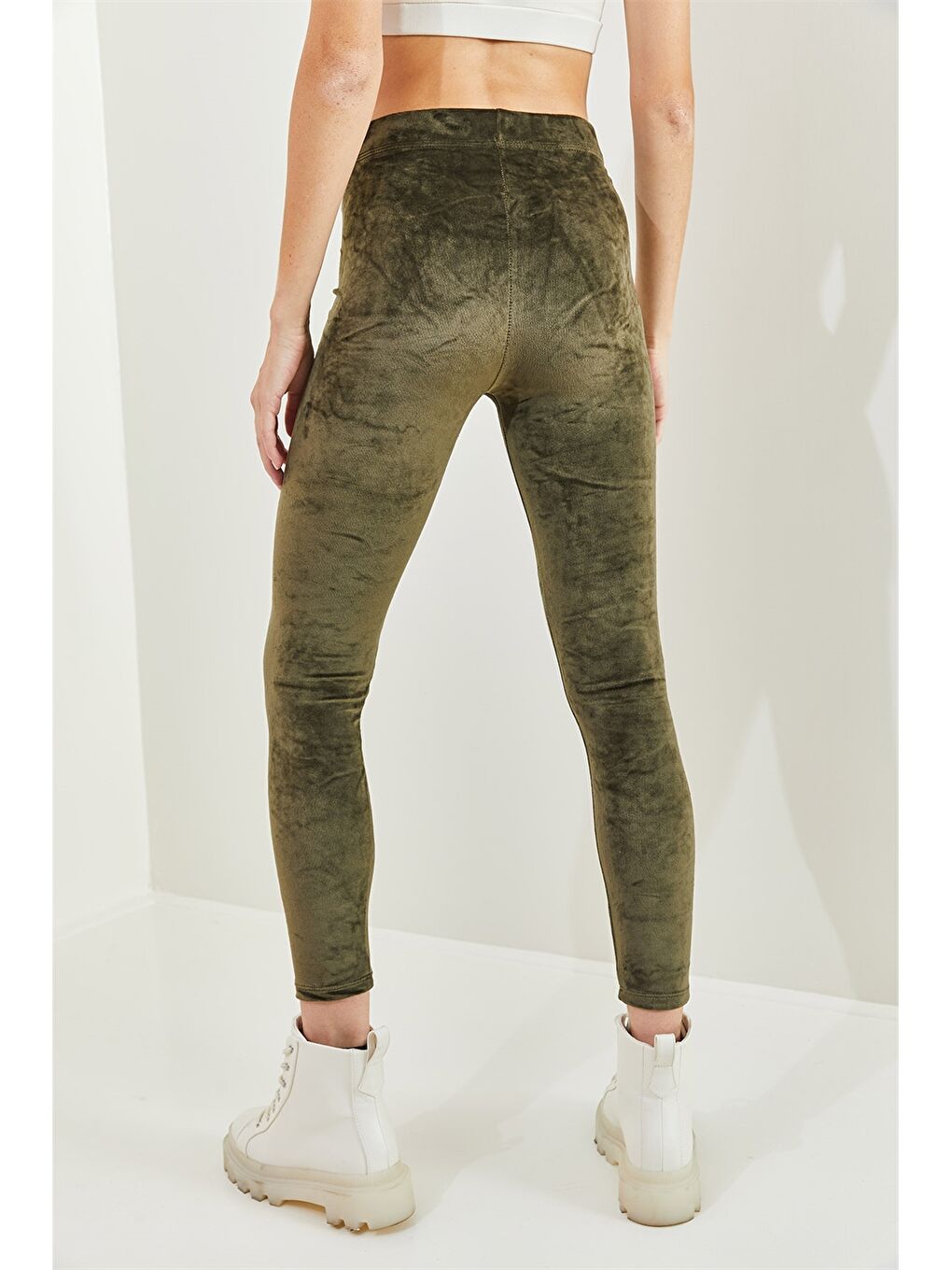 Haki Beli Lastikli Düz Kadife Kadın Tayt-3