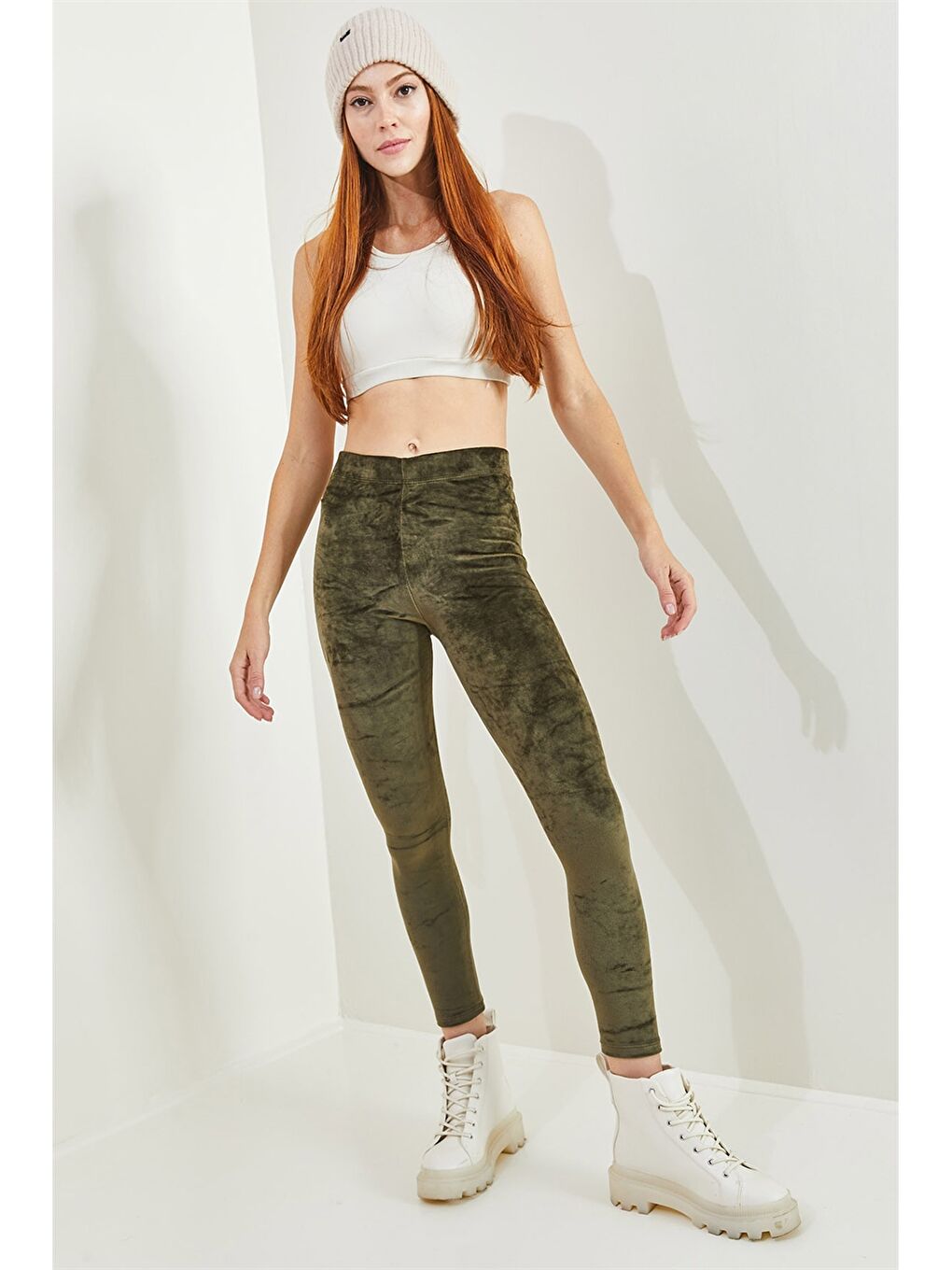 Haki Beli Lastikli Düz Kadife Kadın Tayt-4