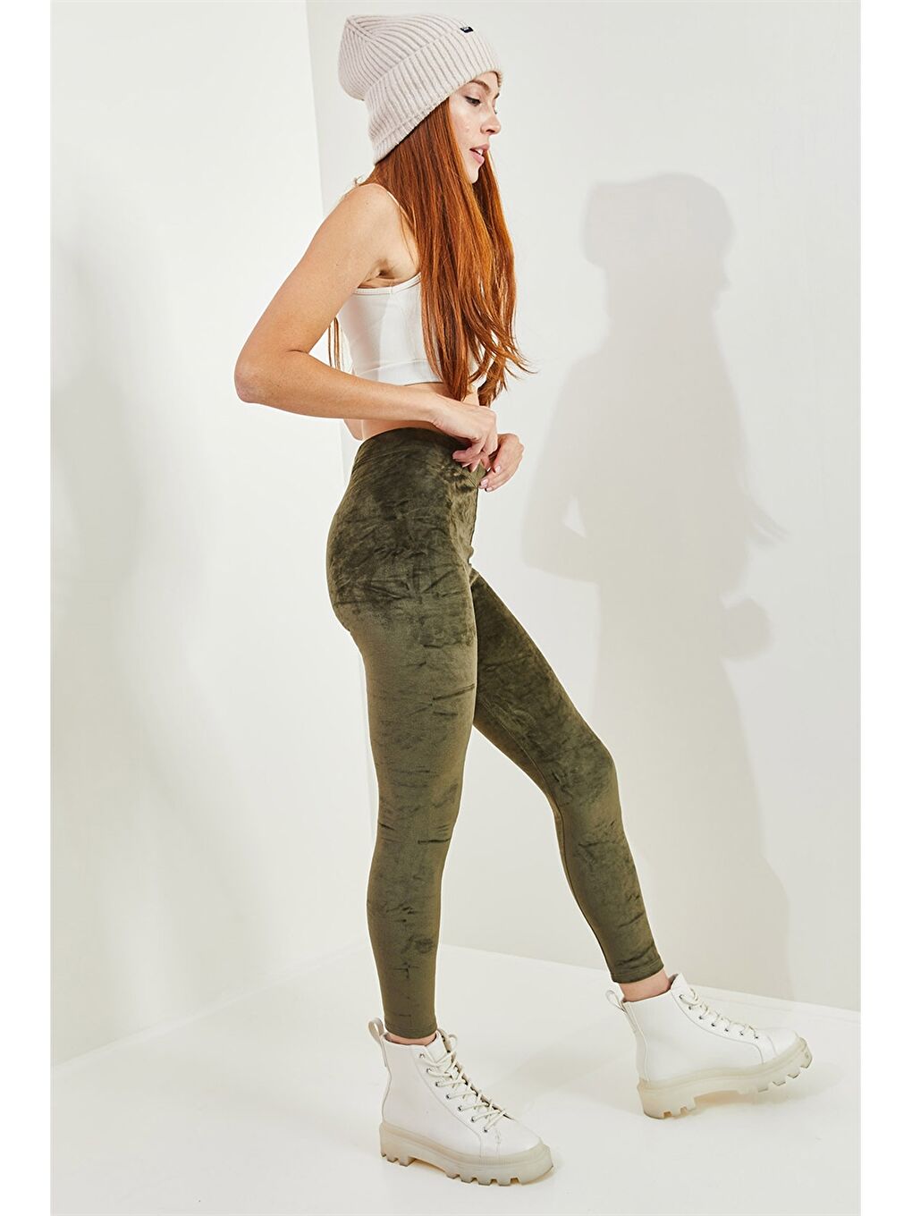 Haki Beli Lastikli Düz Kadife Kadın Tayt-5