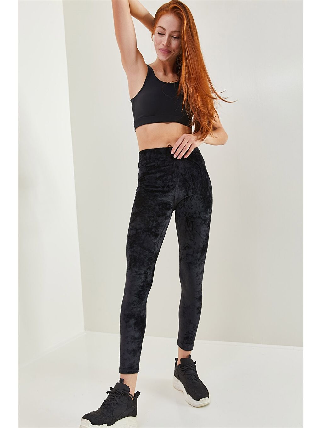 Siyah Beli Lastikli Düz Kadife Kadın Tayt-1