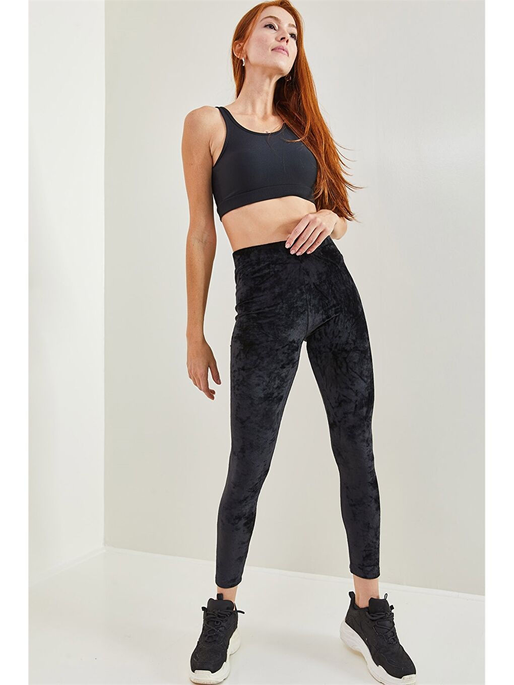 Siyah Beli Lastikli Düz Kadife Kadın Tayt-2