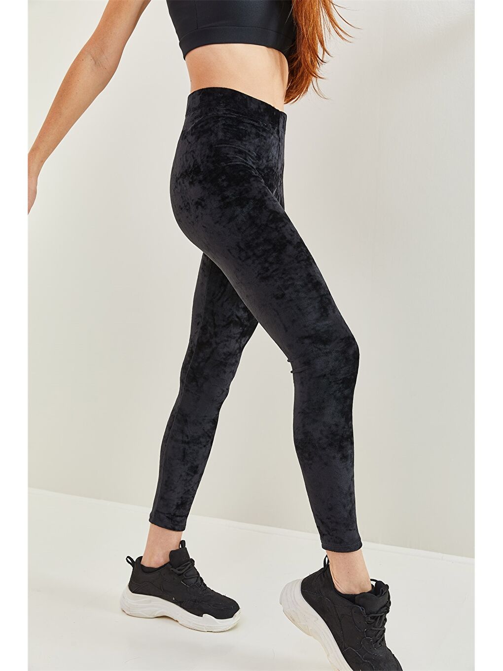 Siyah Beli Lastikli Düz Kadife Kadın Tayt-3