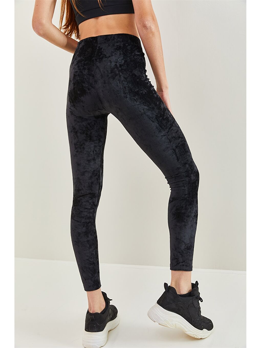 Siyah Beli Lastikli Düz Kadife Kadın Tayt-4