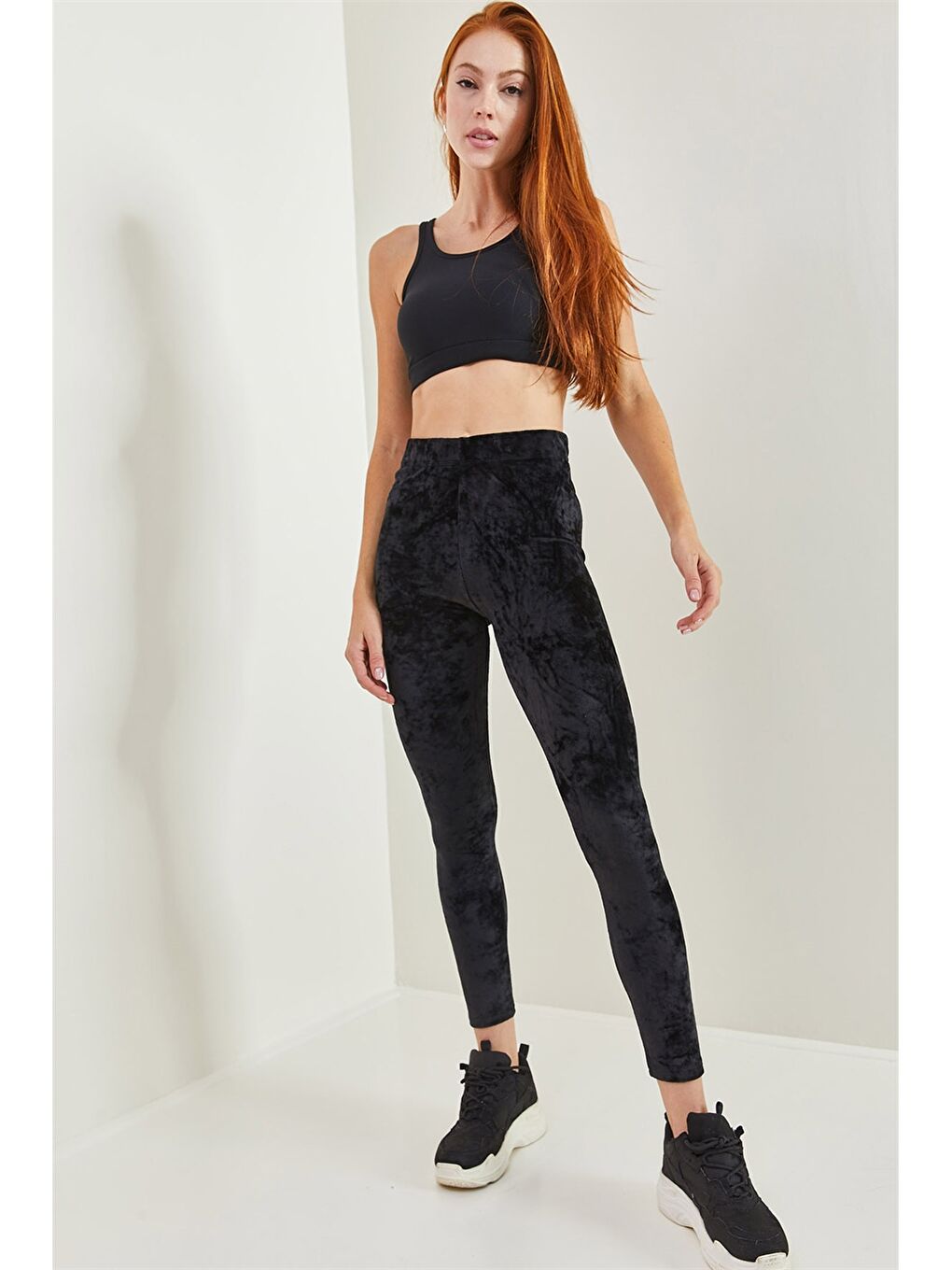 Siyah Beli Lastikli Düz Kadife Kadın Tayt-5