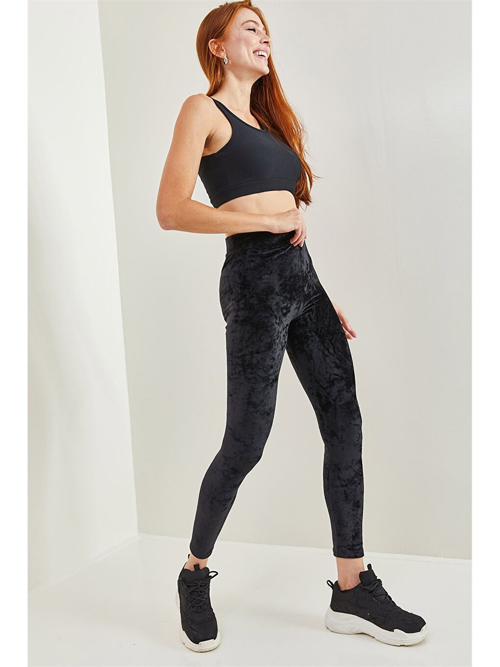 Siyah Beli Lastikli Düz Kadife Kadın Tayt-6