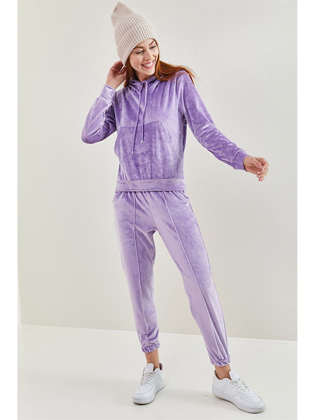 Lila Kapüşonlu Düz Uzun Kollu Kadife Kadın Eşofman Takımı-2
