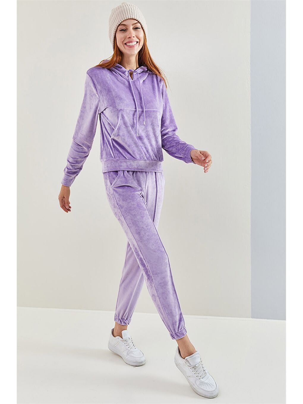 Lila Kapüşonlu Düz Uzun Kollu Kadife Kadın Eşofman Takımı-4