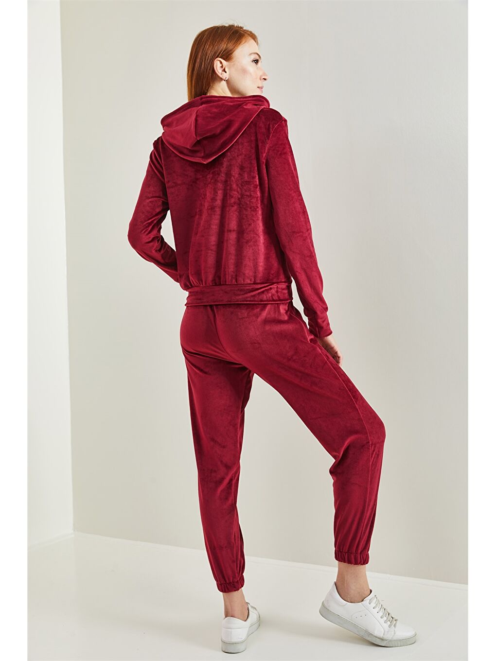 Bordo Kapüşonlu Düz Uzun Kollu Kadife Kadın Eşofman Takımı-4
