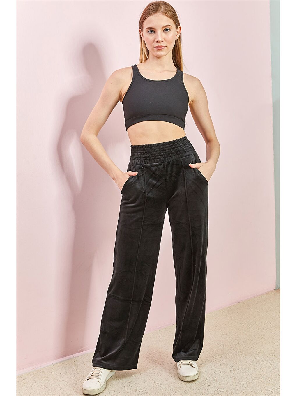 Siyah Beli Lastikli Düz Kadife Kadın Eşofman Altı